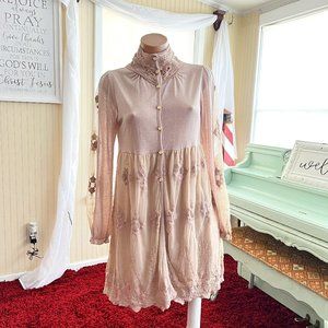 Lily J London Cream Vintage Lace Sheer Dress sz S/M Embroidered Victorian